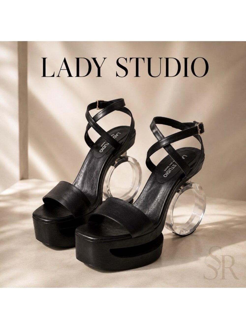 Lady Studio Black Leather Lucite Heel Platform Sandals Size 8 Ankle Strap USA